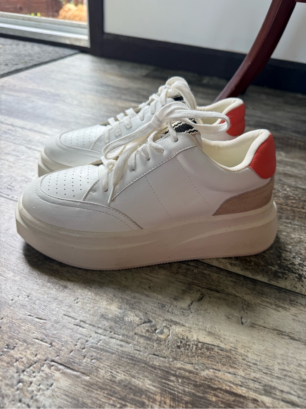 ShuShop Skylar White Platform Sneakers with beige red accents